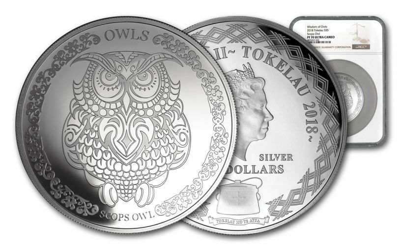 2018 Tokelau $5 1-oz Silver Wisdom of Owls: Scops Owl NGC PF70UC