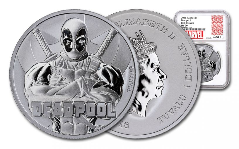 2018 Tuvalo $1 1-oz Silver Deadpool NGC MS70 First Releases - Marvel Label