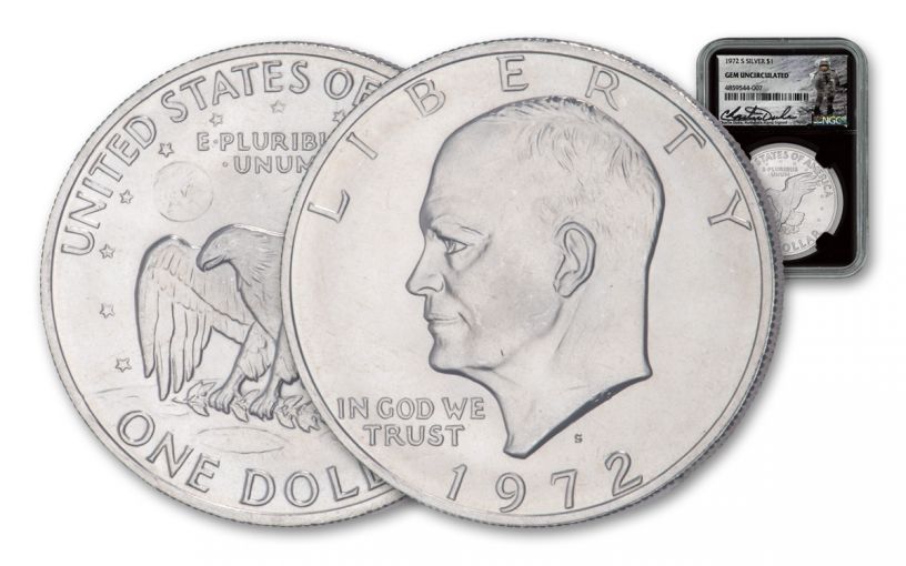 1972-S Eisenhower Dollar NGC Gem Unc - Charlie Duke Signed Label, Black Core
