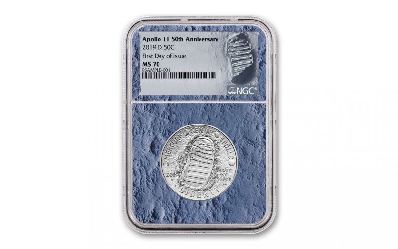 2019-S Apollo 11 50th Anniversary Clad Half Dollar NGC MS70 First Day of Issue - Moon Core with Mission Patch