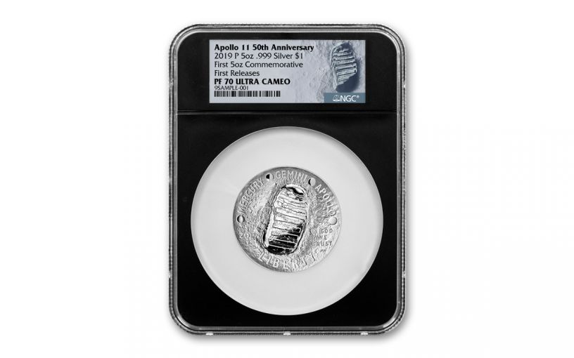 2019-P Apollo 11 50th Anniversary 5-oz Silver Dollar NGC PF70UC First Releases - Black Core, Astronaut Footprint Label