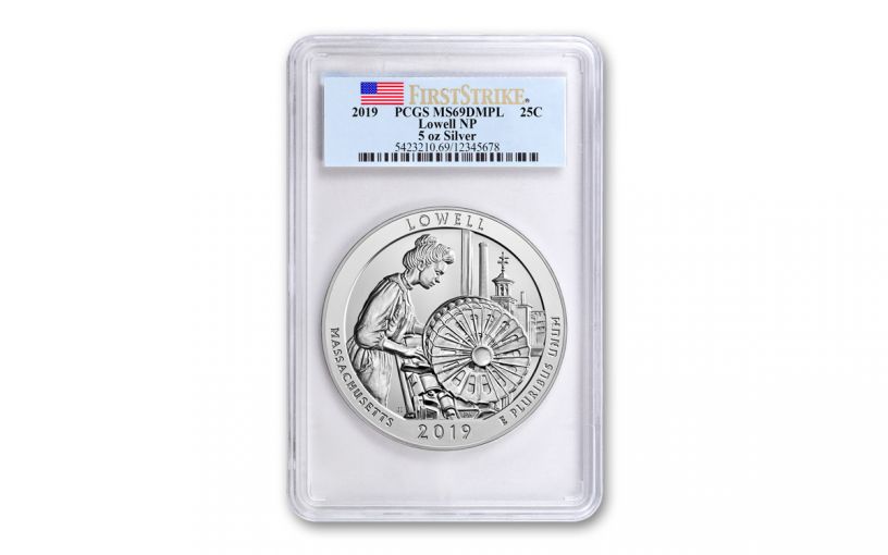 2019 5-oz Silver Quarter America the Beautiful Lowell National Historic Park PCGS MS69 DMPL First Strike