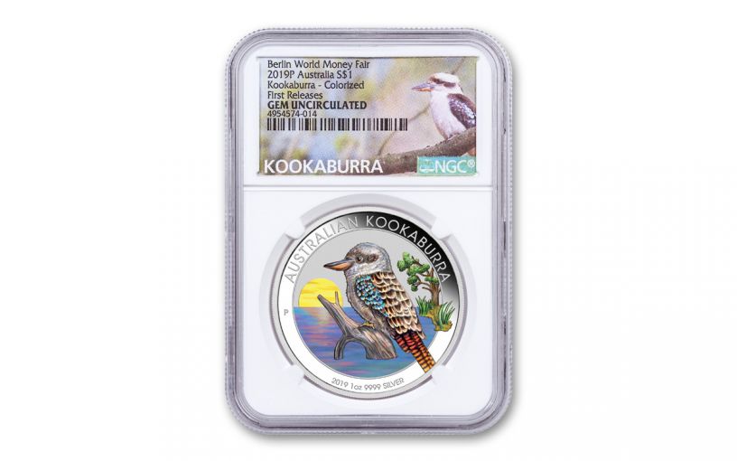 2019 Australia $1 1-oz Silver Berlin World Money Fair Kookaburra NGC Gem Unc First Releases - Exclusive Kookaburra Label