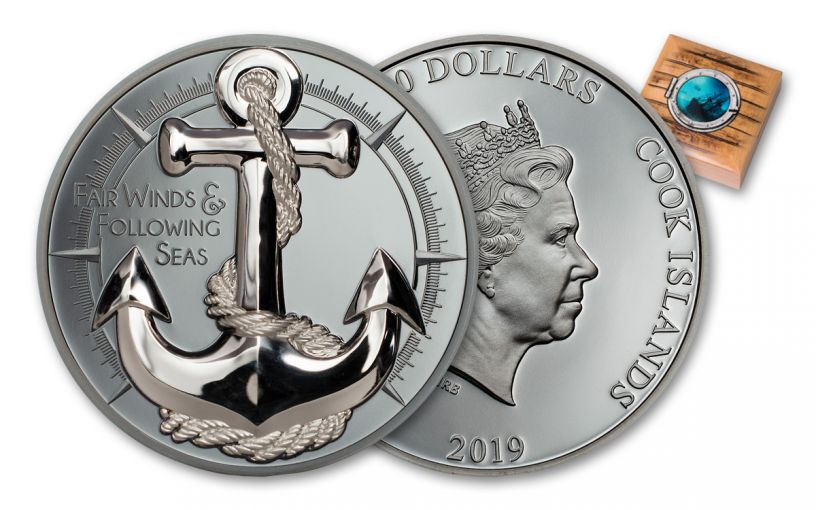 2019 Cook Islands $10 2-oz Silver Anchor Fair Winds High Relief Black Proof