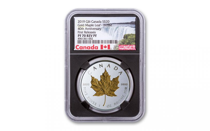 2019 Canada $20 1-oz Silver Gilt Double Incuse Maple Leaf Reverse Proof NGC PF70UC First Releases w/Black Core & Canada Label