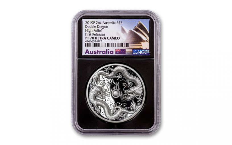 2019 Australia $2 2-oz Silver Double Dragon High Relief Proof NGC PF70UC First Releases w/Black Core & Opera House Label