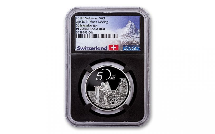 2019 Switzerland 20 Francs 20-gm Silver Apollo 11 50th Anniversary Proof NGC PF70 w/Black Core & Swiss Label