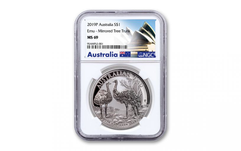 2019 Australia $1 1-oz Silver Emu "Mirrored Tree Trunk Variety" NGC MS69 - Opera House Label