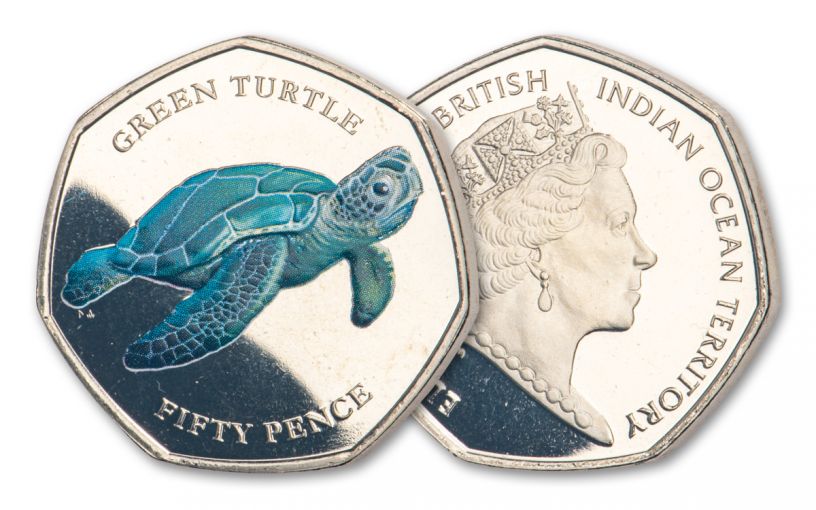 2019 BIOT 50-Pence 8-gm CuNi Green Turtle Colorized Proof