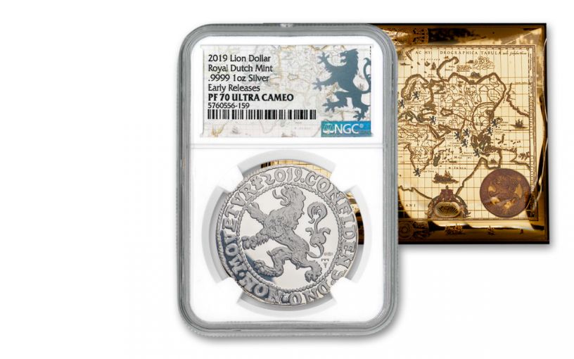 2019 Netherlands 1-oz Silver Lion Dollar NGC PF70 Early Releases w/Lion Dollar Label & Gold Foil Map