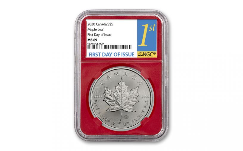 2020 Canada $5 1-oz Silver Maple Leaf NGC MS69 First Day of Issue w/Red Core