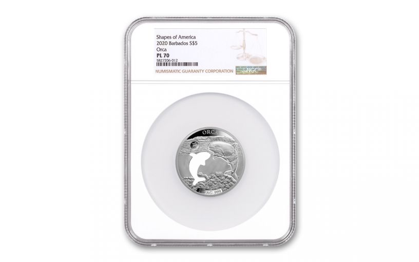 2020 Barbados $5 1-oz Silver Shapes of America Orca High Relief Proof-Like NGC PL70