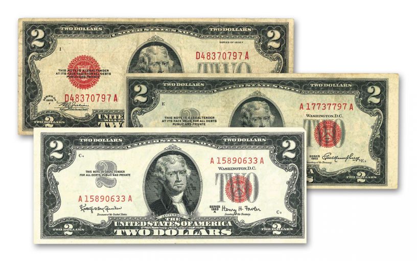 1928-1963 $2 Legal Tender Red Seal 3-pc Set F-VF