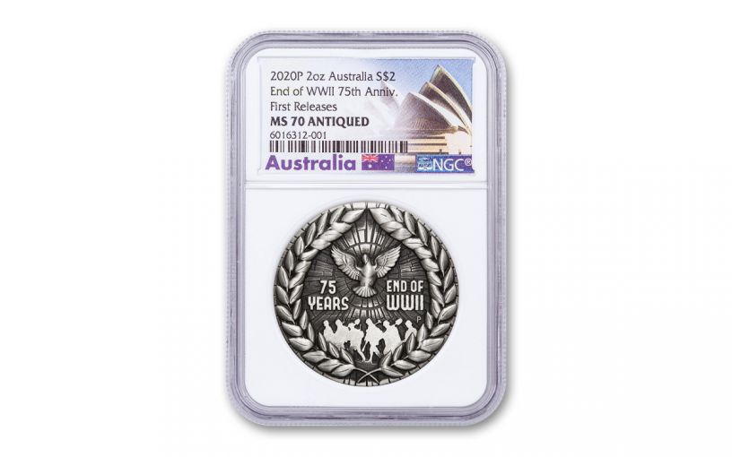 2020 Australia $2 2-oz Silver End of WWII 75th Anniversary Antiqued NGC MS70 First Releases w/Opera House Label
