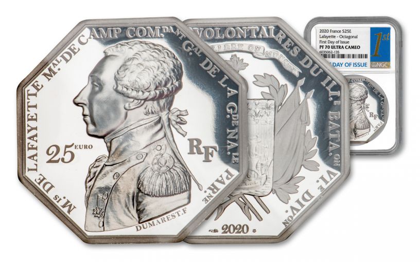 2020 France €25 2-oz Silver Lafayette Octagonal Proof NGC PF70UC First Day of Issue