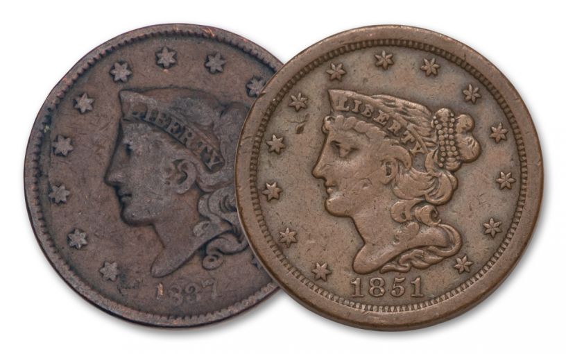 1808–1857 Half Cent & Large Cent 2-pc Set VG–VF w/Medal