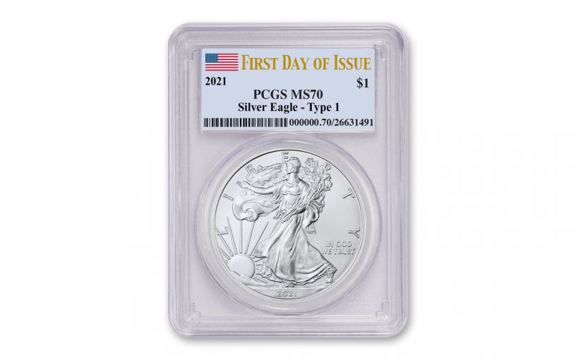 2021 $1 1-oz Silver Eagle PCGS MS70 First Day of Issue w/Flag Label