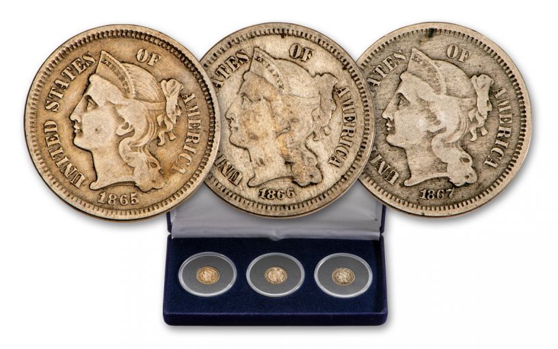 1865–1867 Three Cent Nickel Fine 3-pc Set