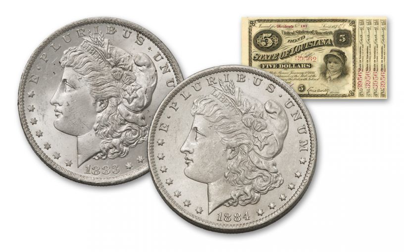 1883–1884-O Morgan Silver Dollars BU & $5 State of Louisiana Baby Bond 3-pc Set