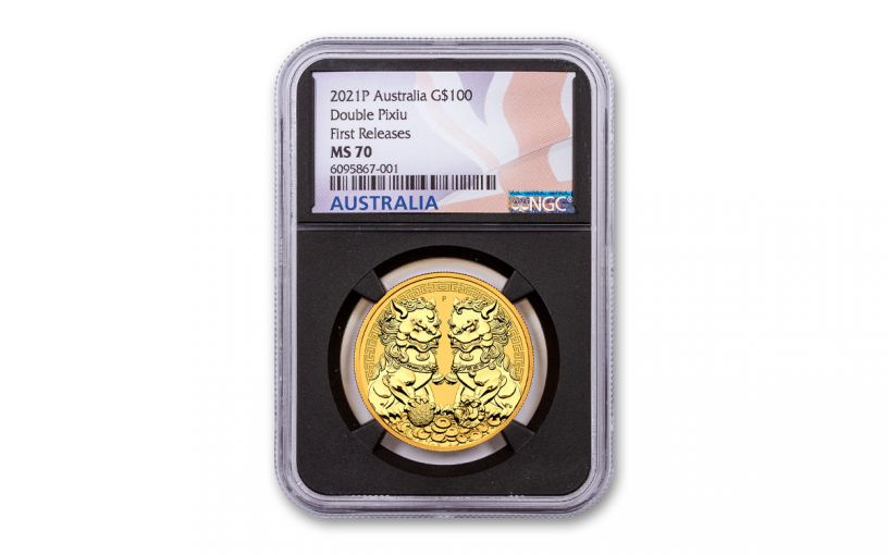 2021 Australia $100 1-oz Gold Forbidden City Double Pixiu Lions NGC MS70 First Releases w/Flag Label