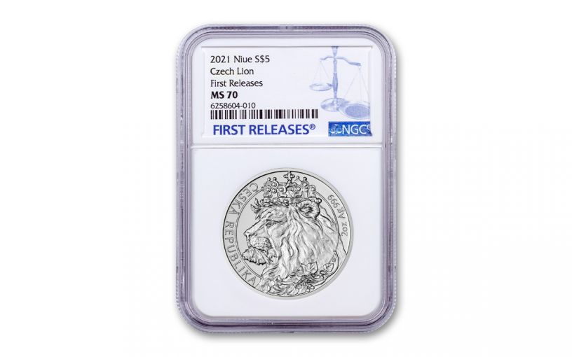 2021 Niue $5 2-oz Silver Czech Lion NGC MS70 First Releases