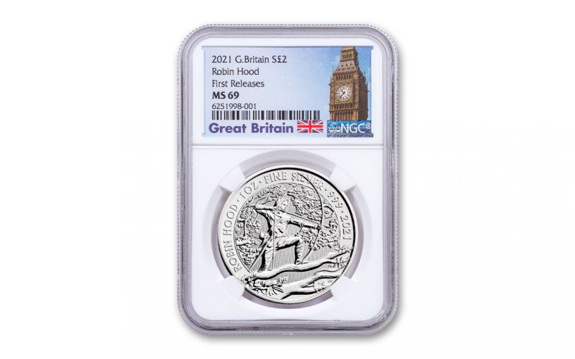 2021 Great Britain £2 1-oz Silver Myths and Legends: Robin Hood NGC MS69 First Releases w/Big Ben Label