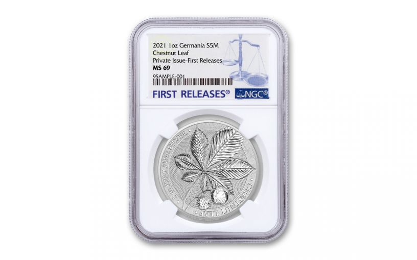 Germania Mint 2021 1oz Silver Mythical Forest Chestnut Leaf 5 Mark Medal NGC MS69 FR