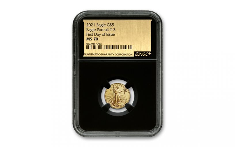 2021 $5 1/10 oz Gold American Eagle T2 NGC MS70 FDI Exclusive Gold Foil Label Black Core Holder