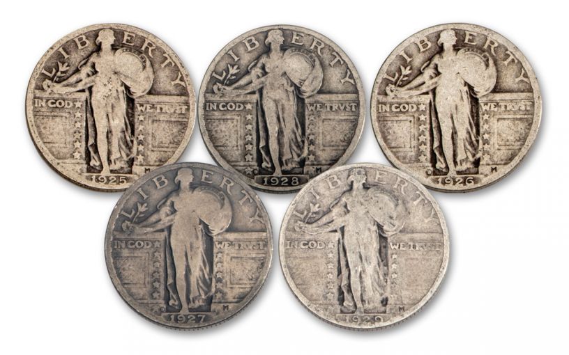 5PC 1916-1930 25 CENT STANDING LIBERTY 5 DIFF VG