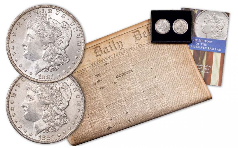 1881-O & 1882-O Morgan Silver Dollar 2-pc Set BU w/Newspaper