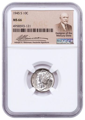 1945-S 10 Cent Mercury Dime NGC MS66 w/Weinman Label