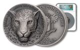 2018 Ivory Coast 5000 Francs 5 Ounce Silver Leopard High Relief Antiqued NGC MS70 - Africa Map Label