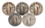5PC 1916-1930 25 CENT STANDING LIBERTY 5 DIFF VG