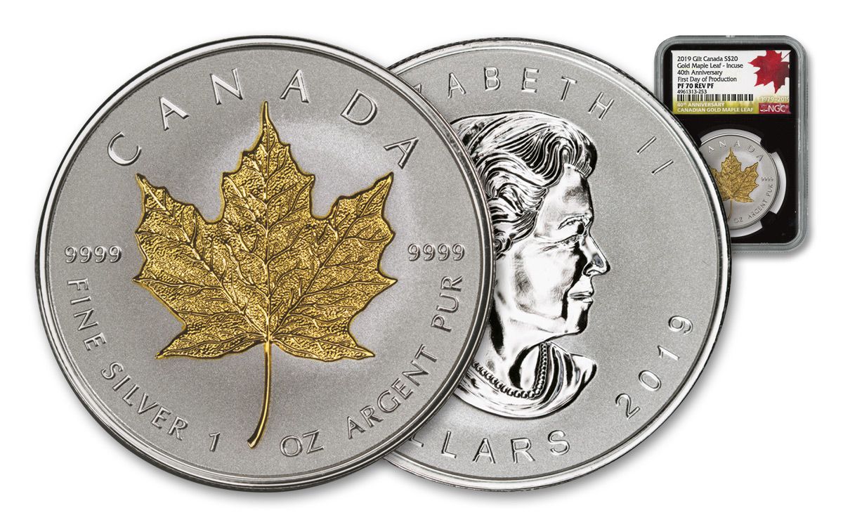 2019 40th Anniversary Gold Maple Leaf $20 1 OZ Silver Proof  Incuse Coin Canada