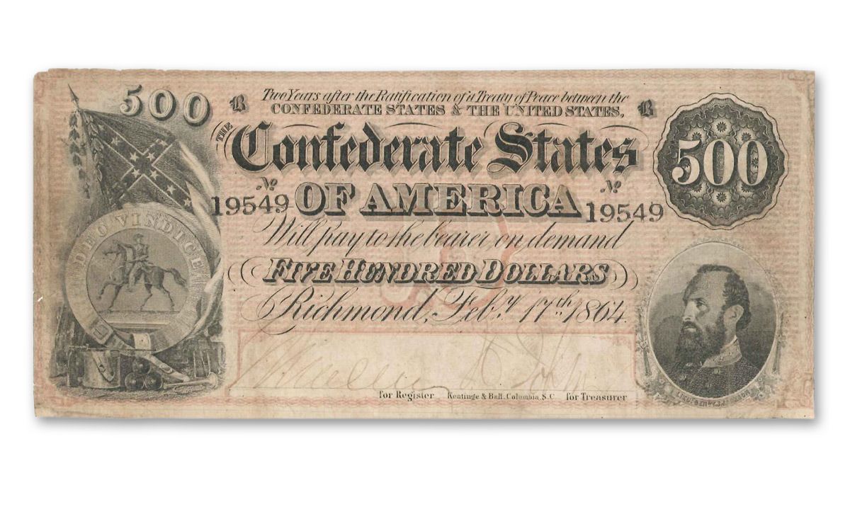 1864 Confederate 500 Dollar Stonewall Jackson Note Fine Govmint Com