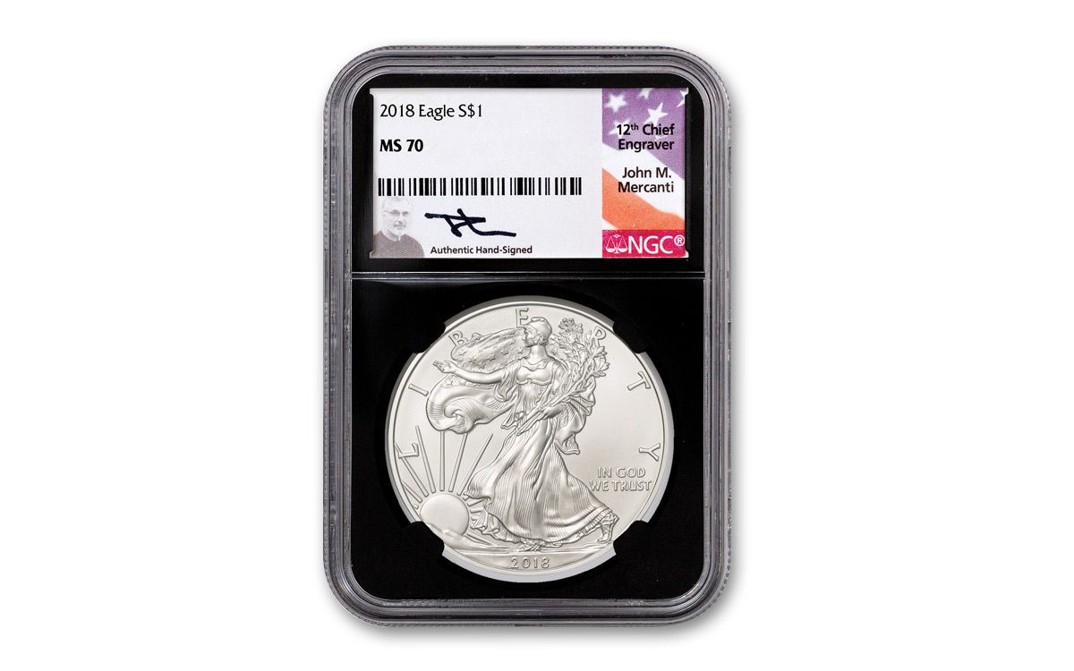 2018 $1 One-Ounce Silver Eagle NGC MS70 Mercanti Signed Black Core
