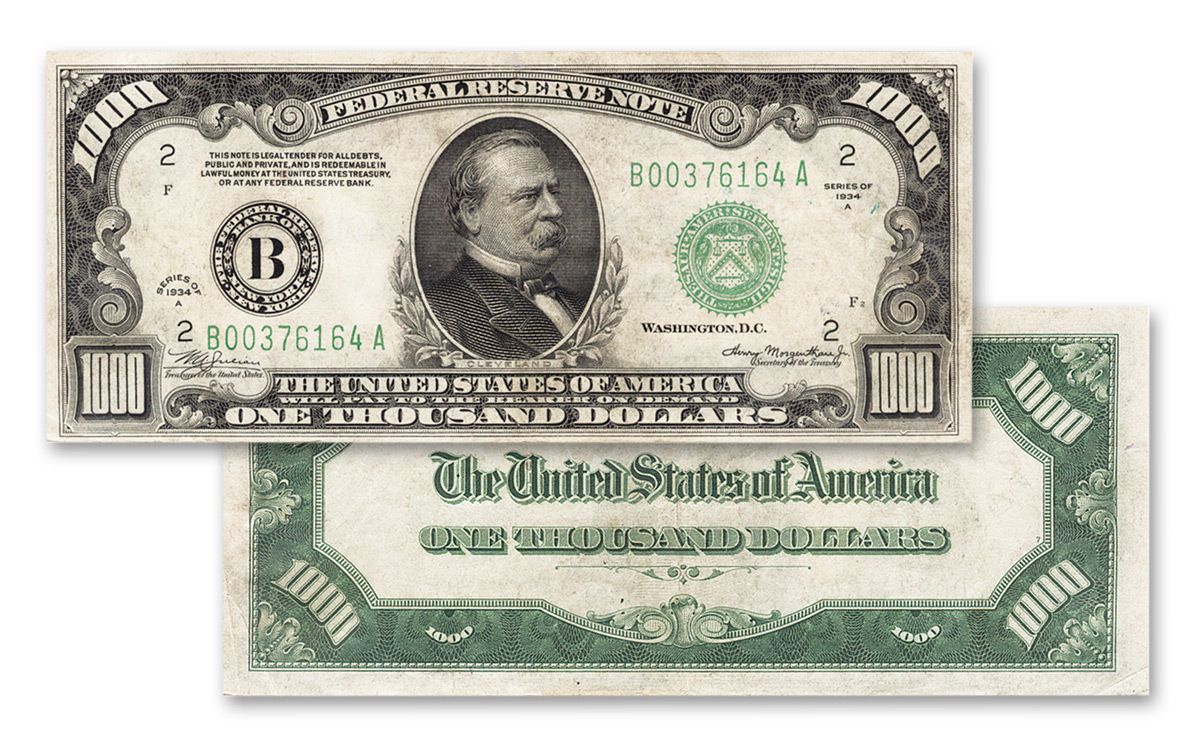hænge Fremskynde Spænde 1934 US 1000 Dollar Federal Reserve Note Very Fine VF Bill | GovMint.com