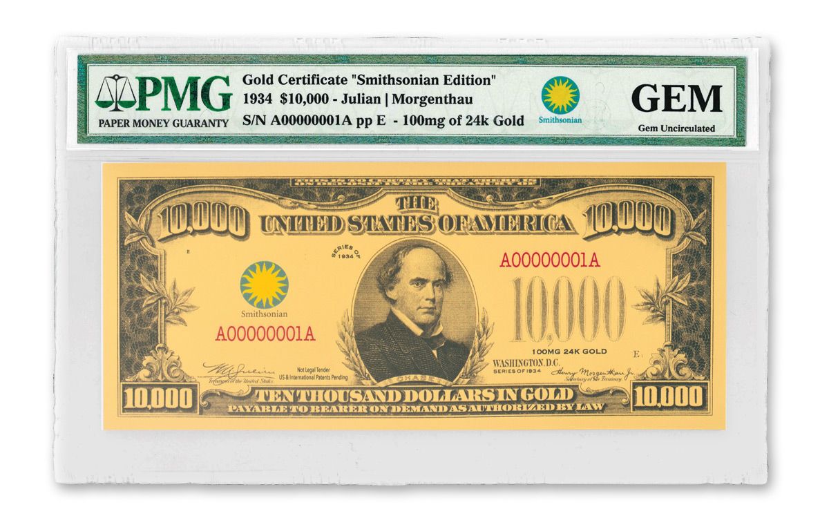 USA 1934 Ten Thousand Dollars In Gold $10,000 Silver Note Bar