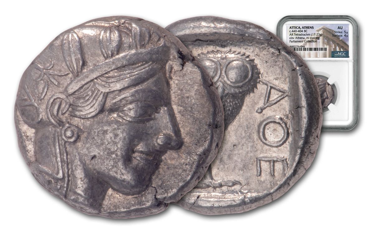 440–404 B.C. Attica Athens Silver Athena Owl Tetradrachm NGC AU
