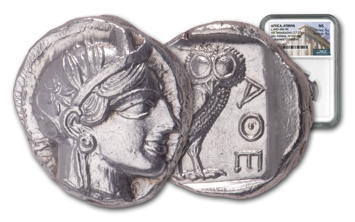 440–404 B.C. Attica Athens Silver Athena Owl Tetradrachm NGC MS