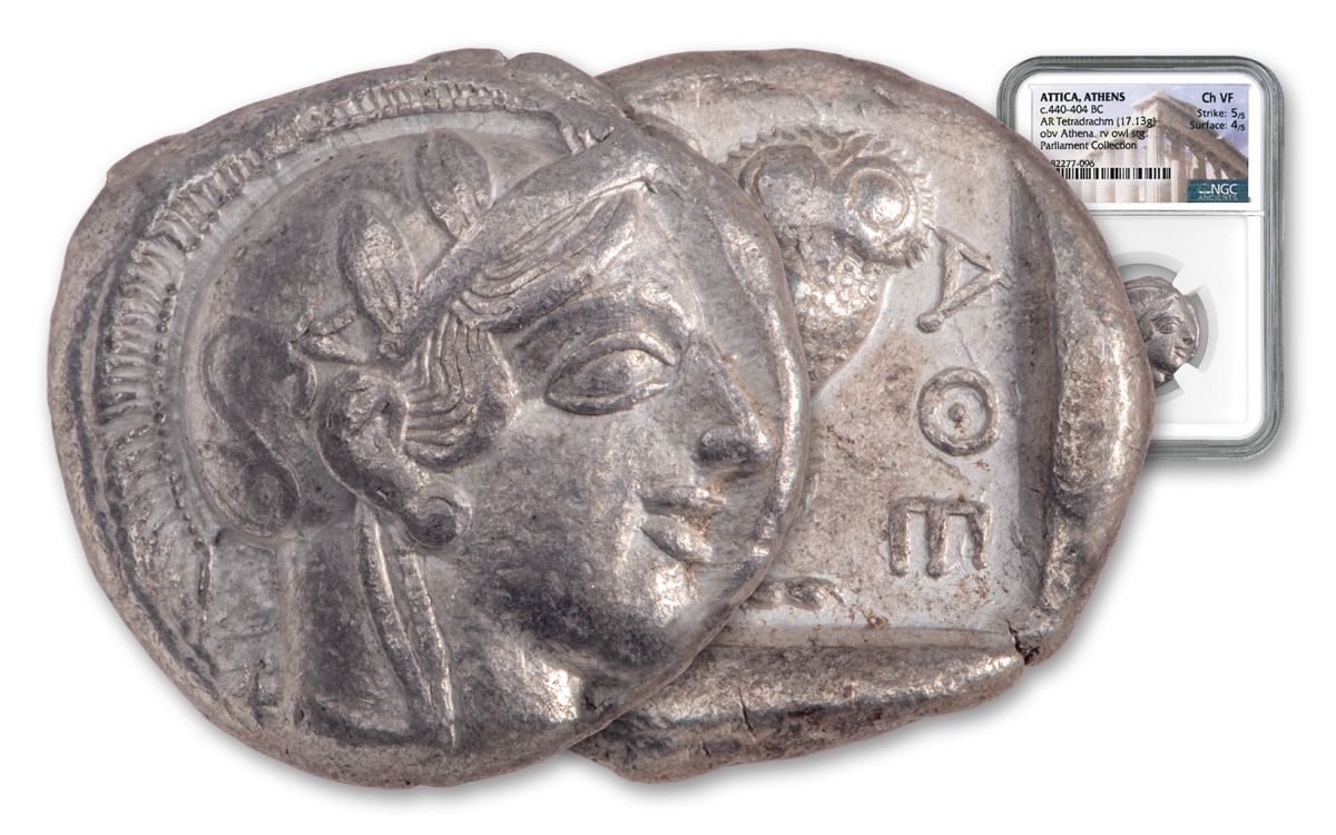 440–404 B.C. Attica Athens Silver Athena Owl Tetradrachm NGC Ch VF The