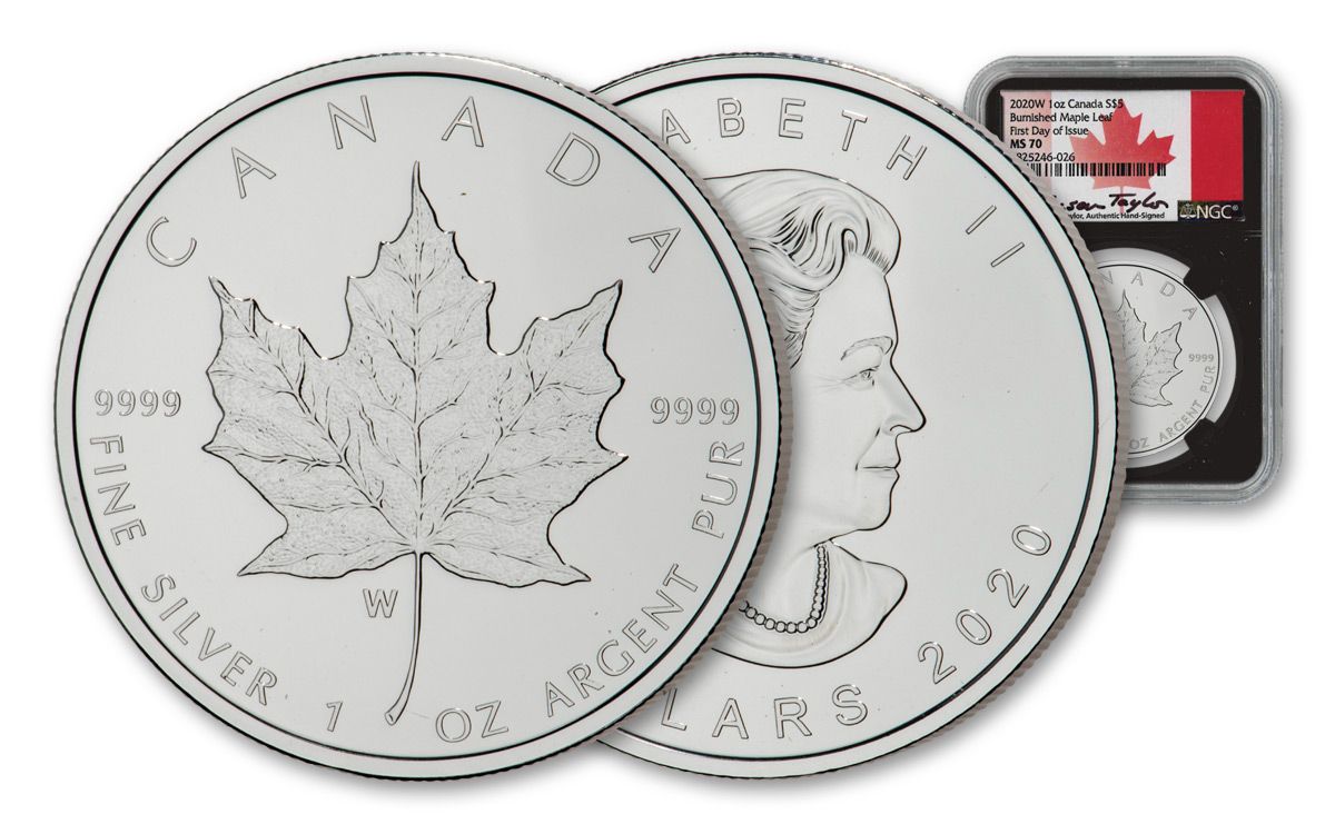 W Canada 5 1 Oz Silver Burnished Maple Leaf Ngc Ms70 First Day Of Issue W Black Core Taylor Signature Govmint Com