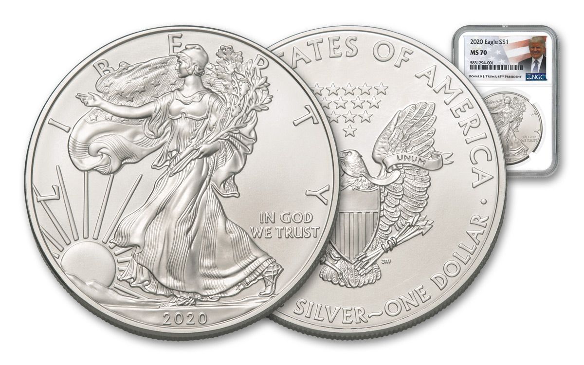 2020 $1 1-oz Silver Eagle NGC MS70 w/Trump Label | GovMint.com