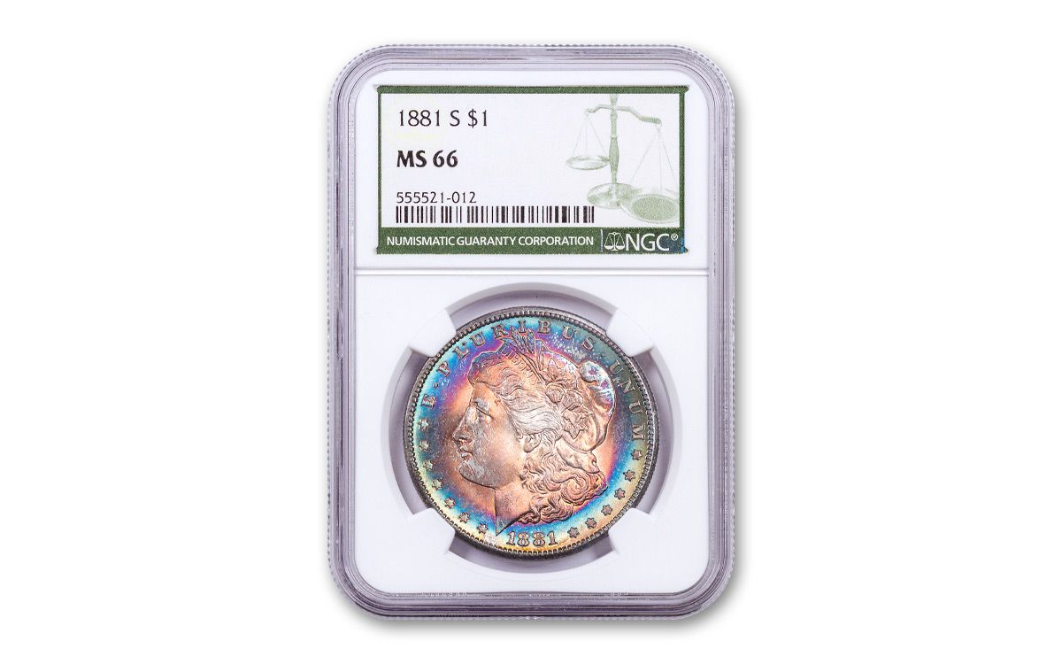 1881-S Morgan Silver Dollar Rainbow Toned NGC MS66 w/Green Label
