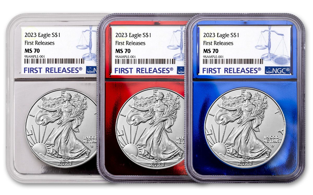2023 $1 1-oz Silver Eagle 3-pc Set NGC MS70 FR w/Red, Blue & Silver