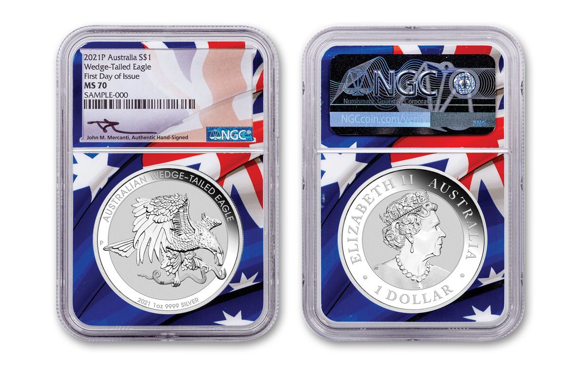 2021 Australia $1 1-oz Silver Wedge Tailed Eagle NGC MS70 FDI w/Flag