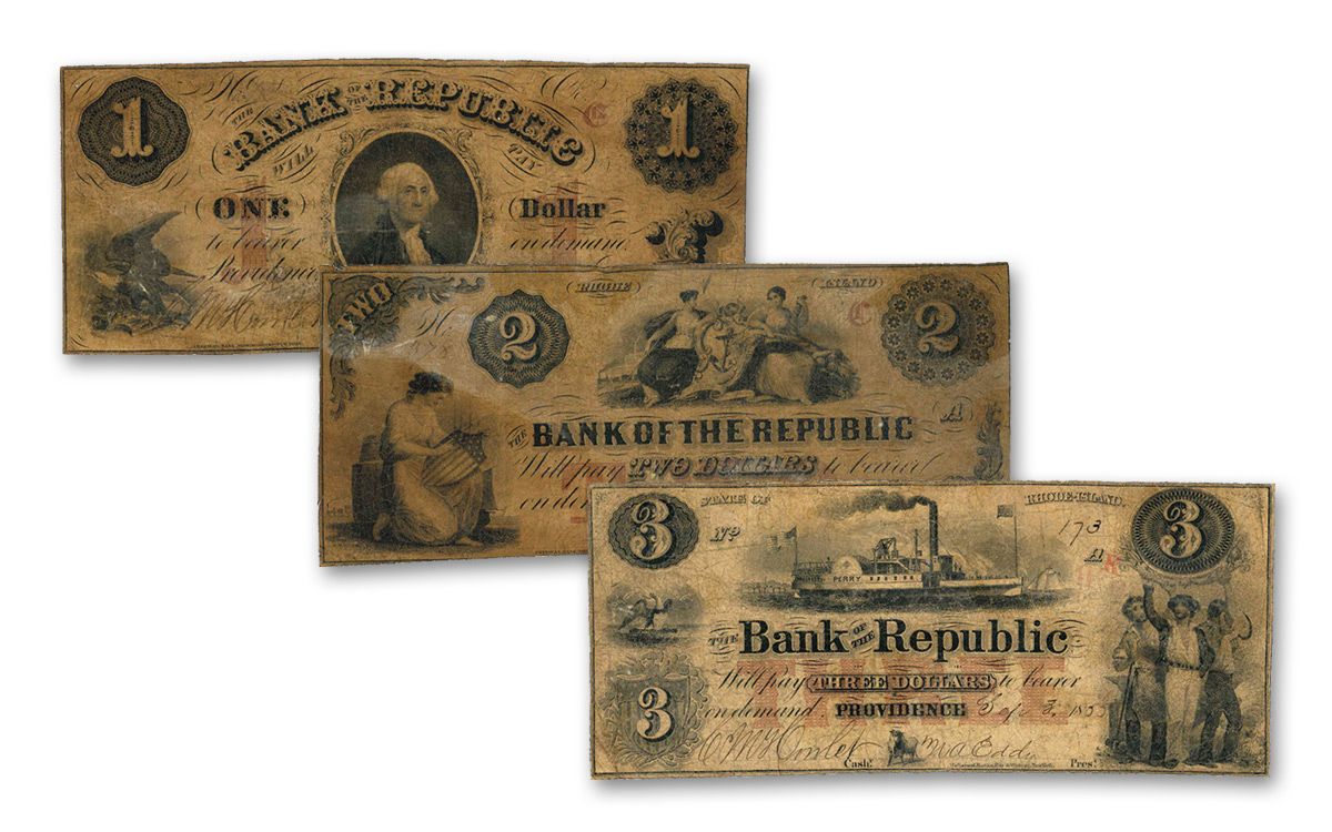 1854–1856 $1 $2 & $3 Rhode Island Paper Currency Note 3-pc Set G–VG