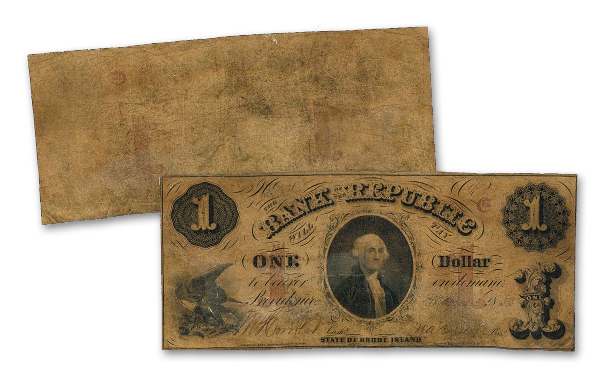 Antique 1850s 5 Dollar Rhode Island Bank Note Currency 