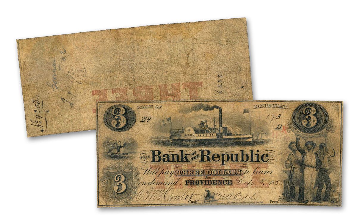 1854–1856 $1, $2 & $3 Rhode Island Paper Currency Note 3-pc Set G–VG