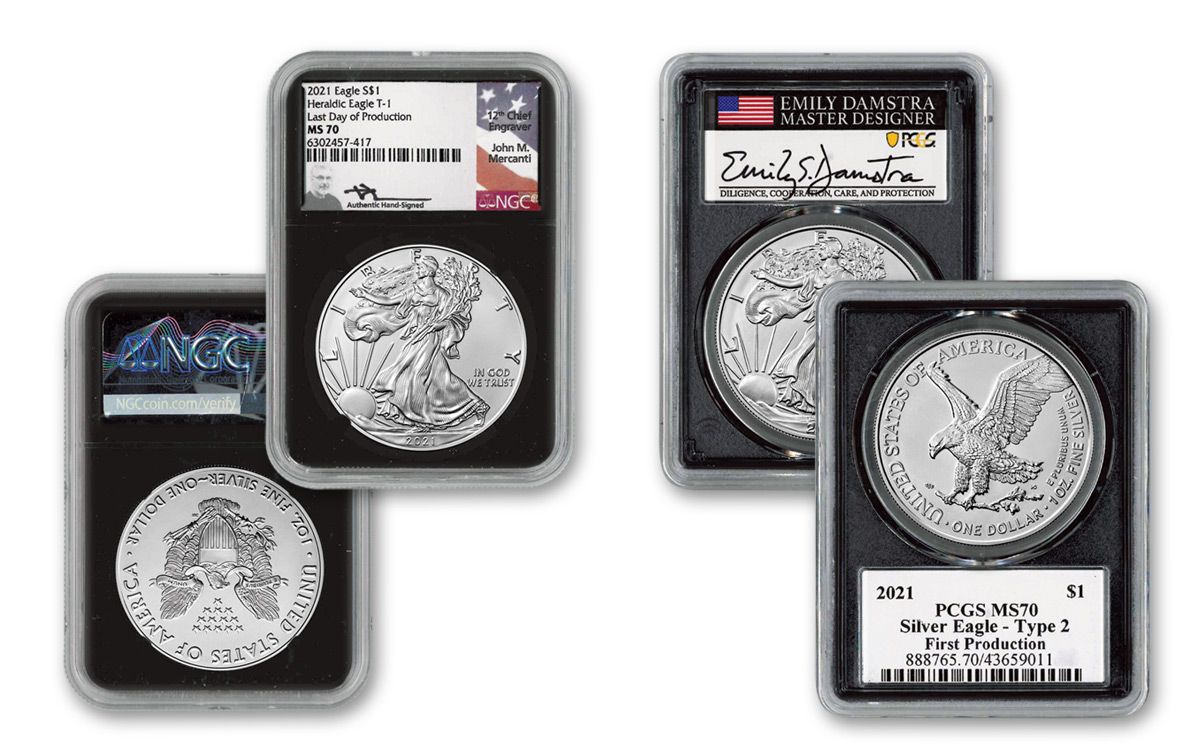 2021 $1 1-oz Silver Eagle Final T1 & First T2 Production 2-pc Set NGC